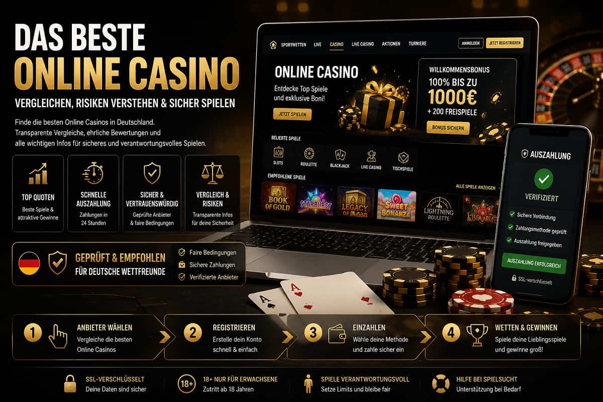 Schwarz-goldener Hero-Banner für Online Casino mit Laptop, Smartphone, Bonusangeboten, Chips, Karten und Roulette.