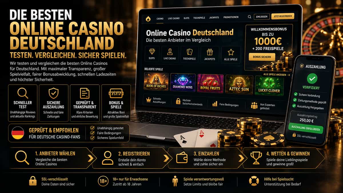 Schwarz-goldener Hero-Banner für Online Casino Deutschland mit Laptop, Smartphone, Chips, Spielkarten und Casino-UI.