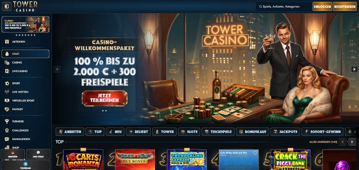 Tower Casino Startseite mit Banner, das ein Willkommenspaket von 100 % bis zu 2.000 € plus 300 Freispiele bewirbt. Luxuriöses Design mit Spieler im Anzug und Dame in grünem Kleid am Casinotisch, Hintergrund zeigt Skyline und Neon-Schild „Tower Casino“. Navigation umfasst Casino, Live-Casino, Sportwetten und Turniere. Bereich zeigt Slots wie Book of Ra Buy Bonus, Crack the Piggy Bank Express und Thunderline Express Hold and Win.